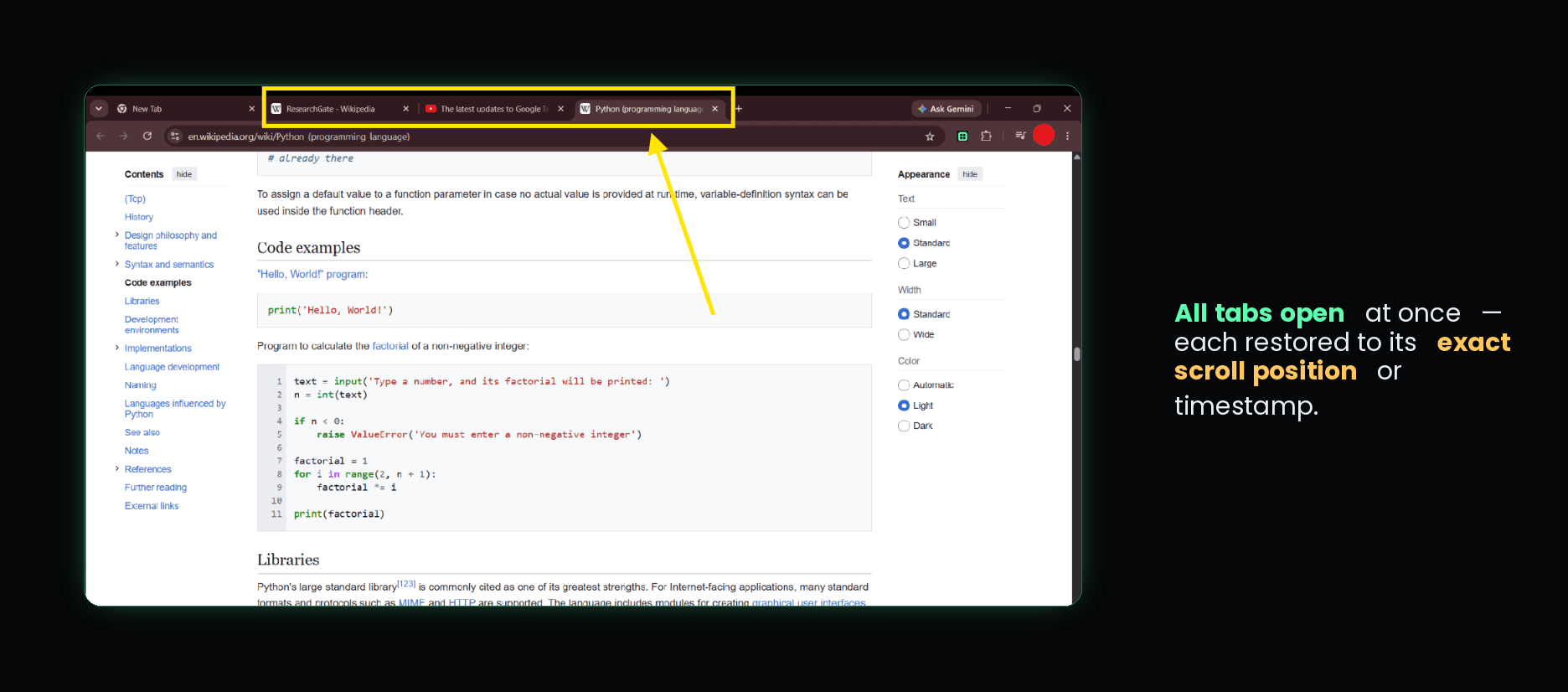 A Chrome window with three restored tabs open at once — a Wikipedia article on ResearchGate, a YouTube video, and a Wikipedia page about Python — each scrolled to the exact position it was saved at.